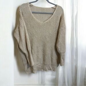 Wool Blend V Neck Beige Knit Oversized Sweater Size Small